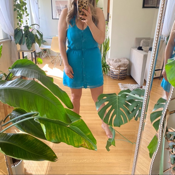 Teal Collared Button Front Dress - Picture 3 of 9